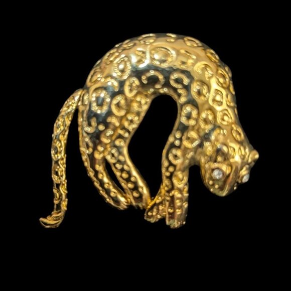 Gold-Tone Leopard Brooch With Rhinestone Eyes   Articulated Tail - Picture 2 of 6
